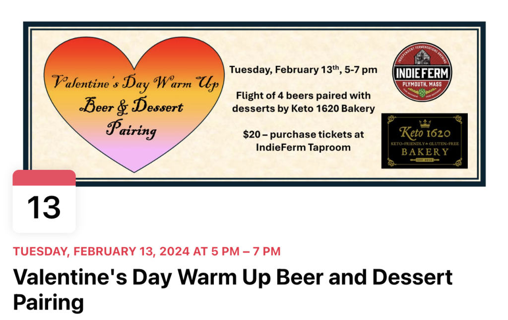 Valentine’s Day Warm up Beer and Dessert Pairing, Indie Ferm, Plymouth
